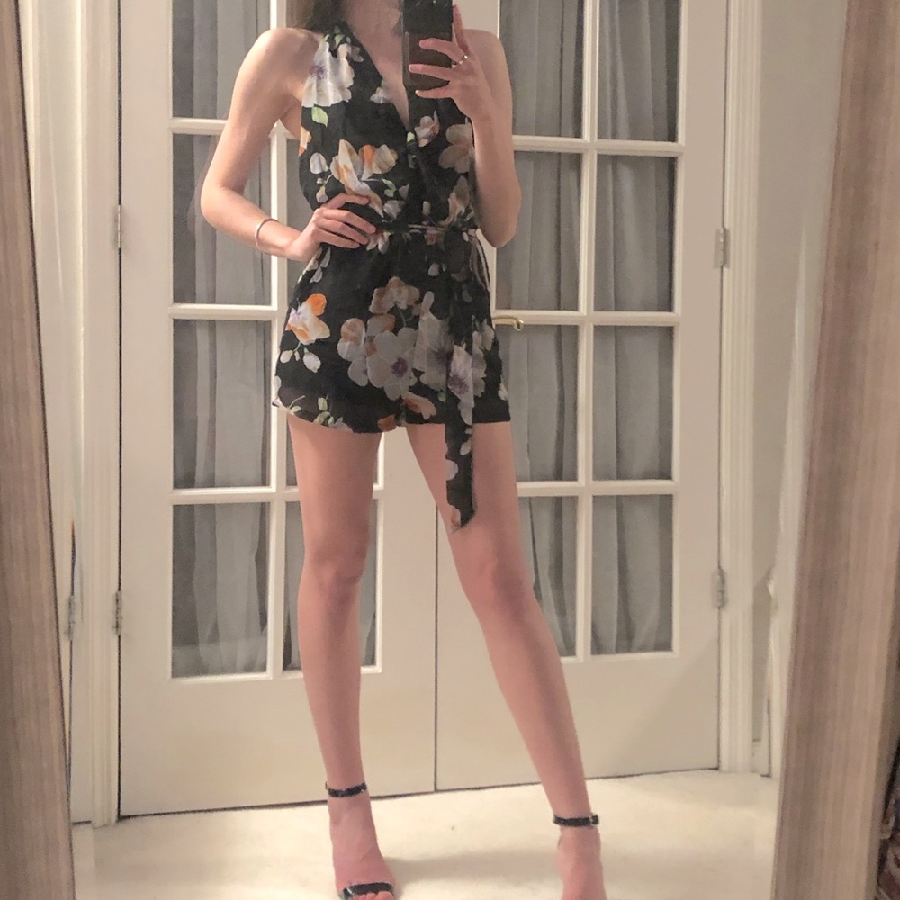 Floral Backless Halter Romper with Tie